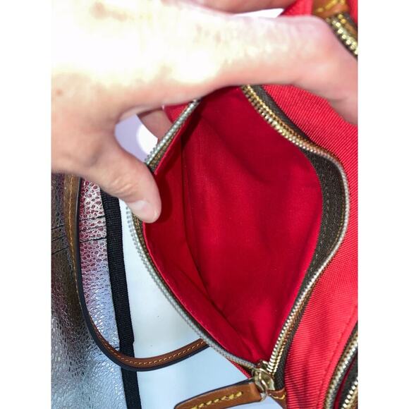 DOONEY & BOURKE SMALL RED CANVAS BROWN LEATHER CROSSBODY BAG - Picture 12 of 12